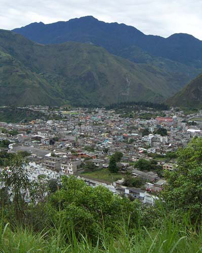 Landscape of Baños, a city in a valley in the Andes, Ecuador. 