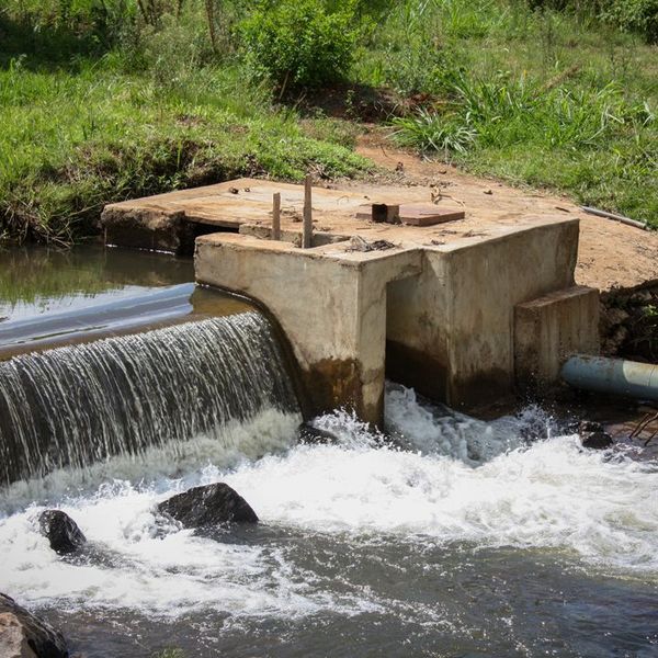 River with small dam and green banks