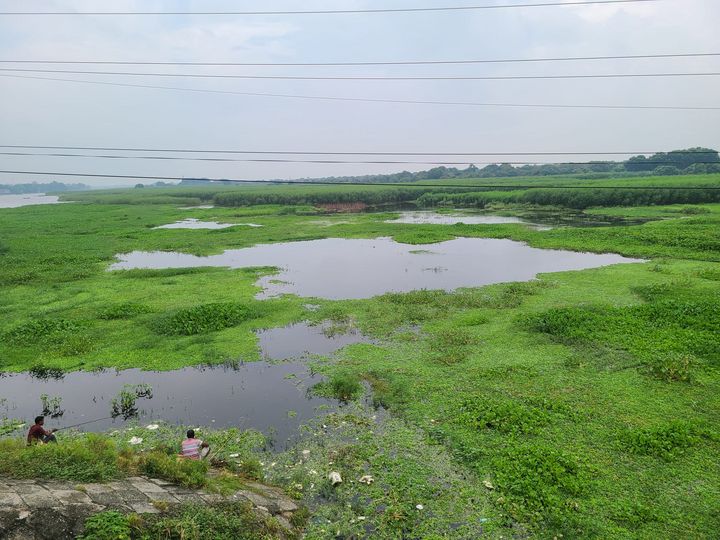 A vast, humid landscape with water and green areas, in the front two men sitting at the water with fishing canes.