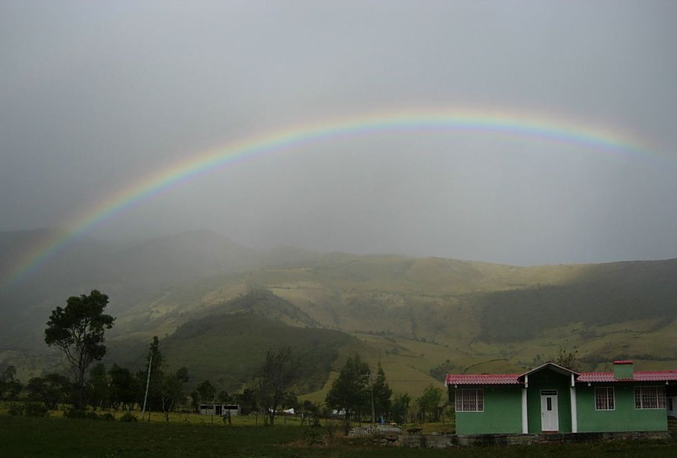 A rainbow extending over a green landscape with a light green house on the right corner.