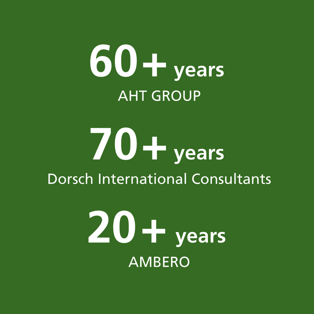 Dorsch Impact experience in white letters on green background: "60+ years AHT GROUP; 70+ years Dorsch international Consultants; 20+ years AMBERO"