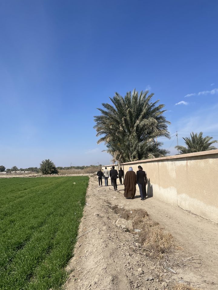 A group or people from the back walking along a sandy path between a concrete wall and a green field under the blue sky, with big palm trees behind the wall.