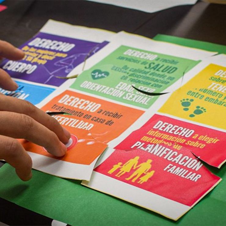 A pair of hands organizing six printouts, each detailing fundamental human rights.