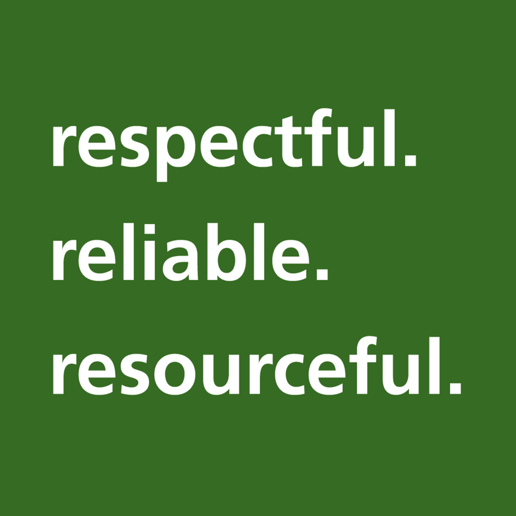 Dorsch Impact slogan in white letters on green background: "respectful. reliable. resourceful." 