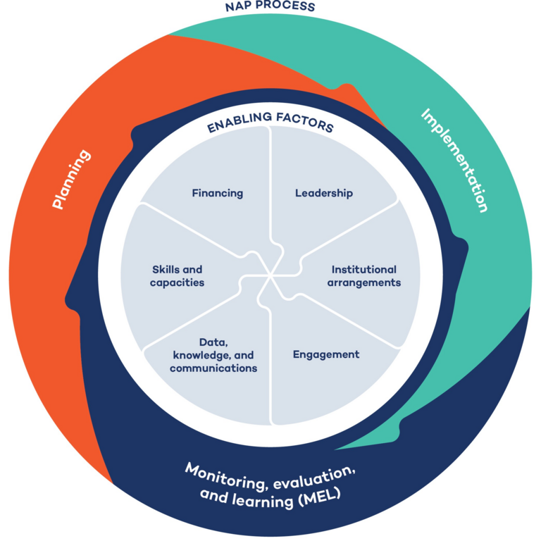Graphic explaining the NAP process from planning to implementation to monitoring, evaluation and learning, and naming the enabling factors such as leadership, institutional arrangements, engagement, data, knowledge, and communications, skills and capacities and financing.